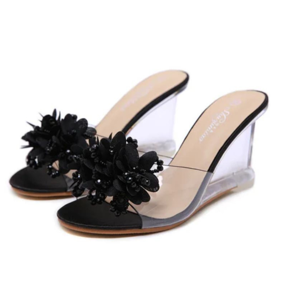 Shuzumiao Black Satin Floral Clear Acrylic Wedge Heals #1098 Size 10/42 NWOT